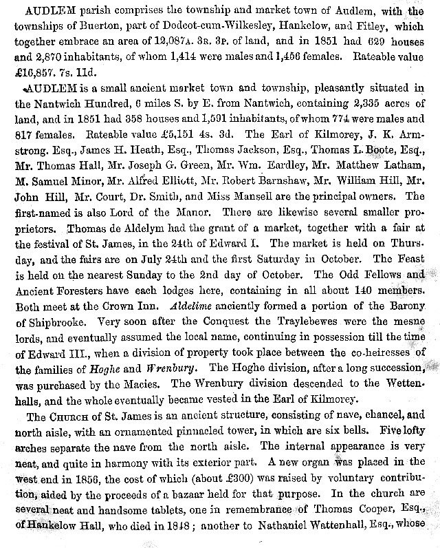 The first page of information about Audlem taken from the 1860 edition of the book History, Gazetteer and Directory of Cheshire
