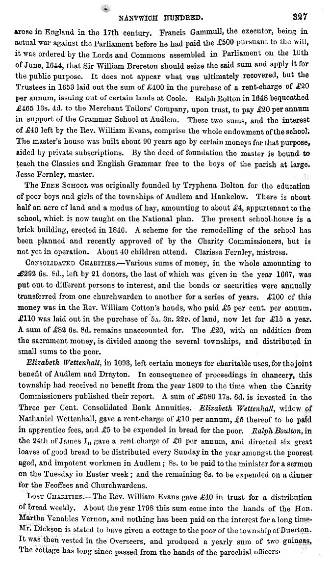 The first page of information about Audlem taken from the 1860 edition of the book History, Gazetteer and Directory of Cheshire