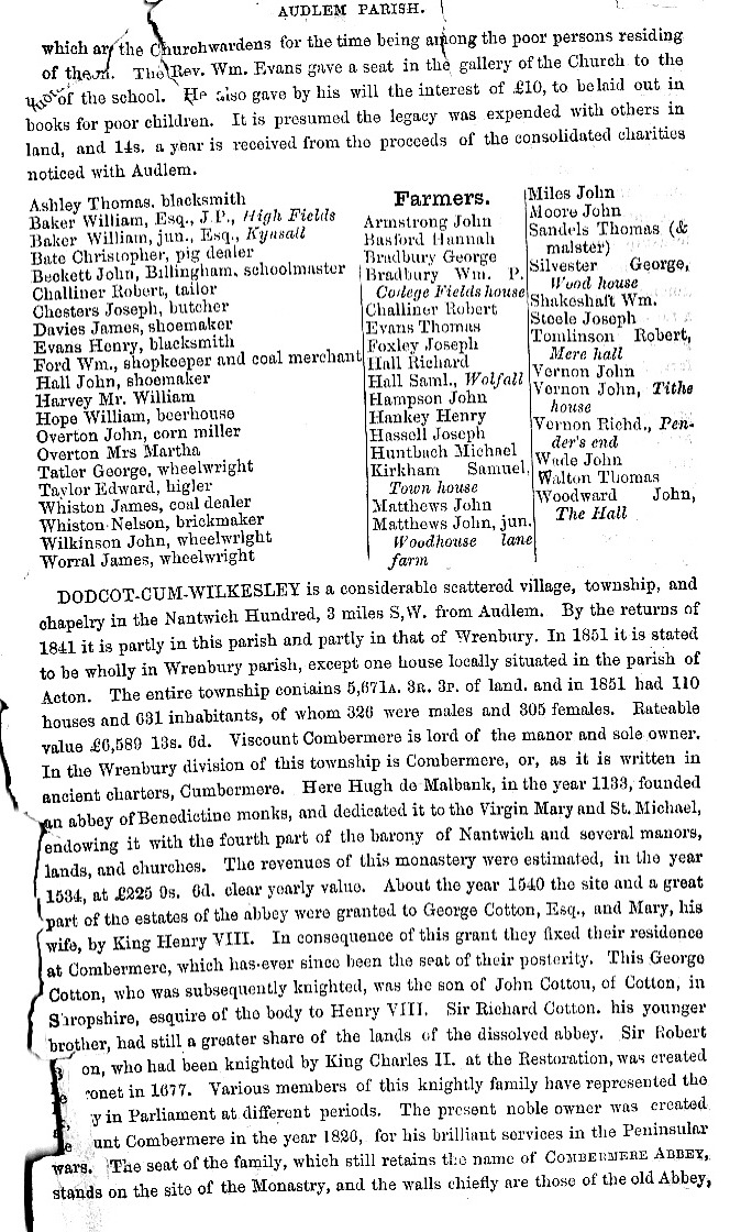 The first page of information about Buerton taken from the 1860 edition of the book History, Gazetteer and Directory of Cheshire