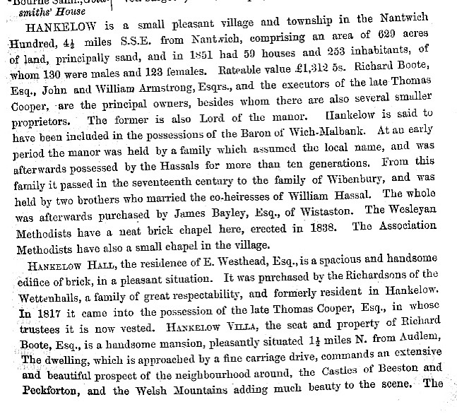 The first page of information about Hankelow taken from the 1860 edition of the book History, Gazetteer and Directory of Cheshire