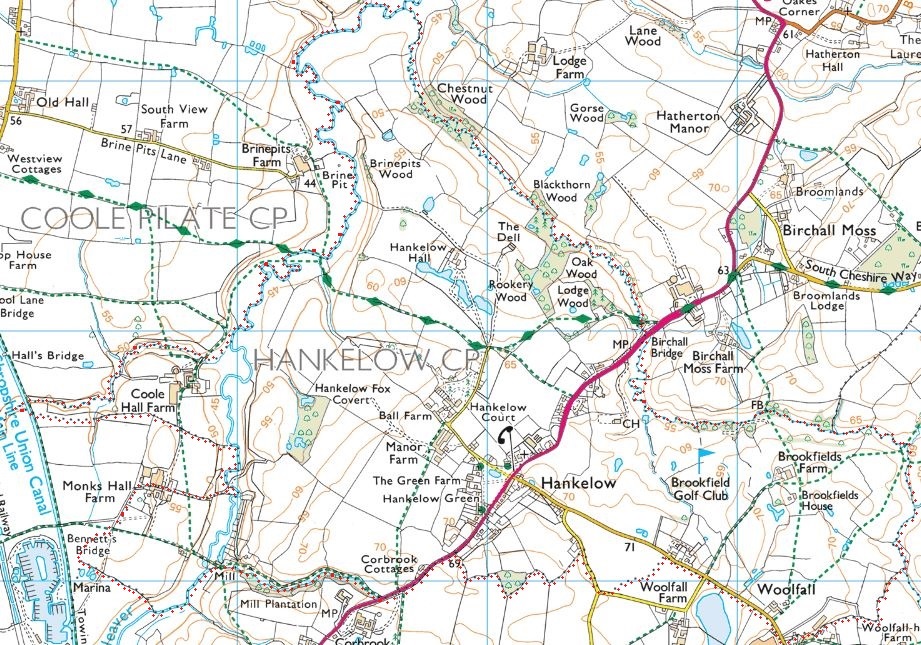 Ordnance Survey map of footpaths in Hankelow Parish