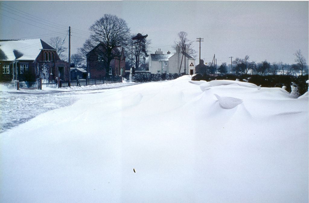 Hankelow snow scene in March 1965 (number 2) - View towards the Chapel, the Reading Rooms and the Grey House